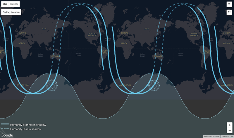 Humanity Ball’s current position. (Image: Humanity Star/Rocket Lab/Google)